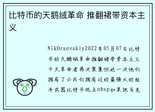 比特币的天鹅绒革命 推翻裙带资本主义 