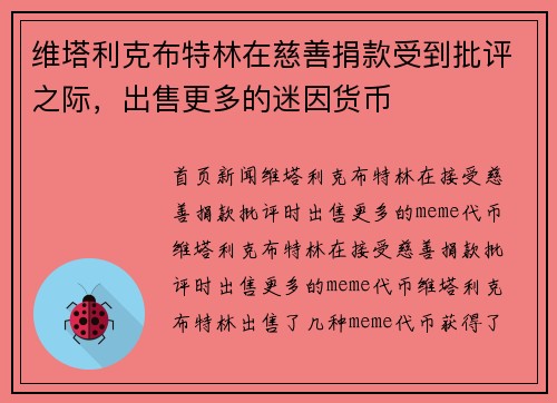 维塔利克布特林在慈善捐款受到批评之际，出售更多的迷因货币